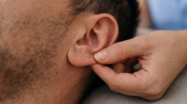 Woman massage therapist doing ear reflexology on man. Alternative medicine specialist pressing acupressure point on earlobe for relaxation and stress relief. Holistic healing health therapy.