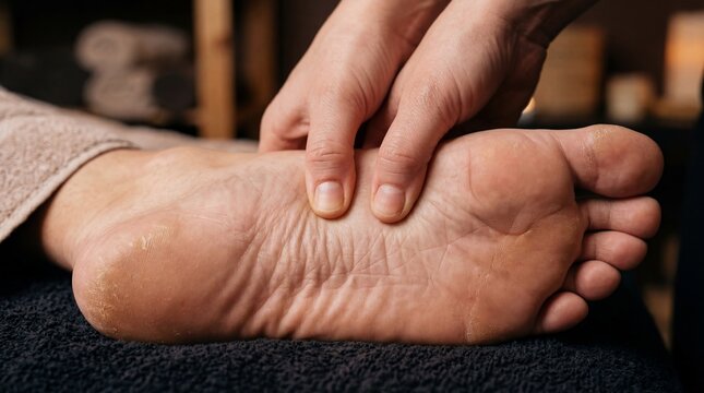 Massage therapist pressing acupuncture point on foot of client. Professional reflexology session at spa salon. Holistic healing therapy for health, relaxation and stress relief concept.