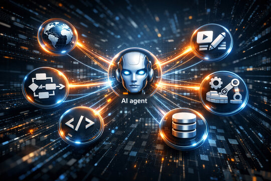 Glowing AI agent hub connected to icons for code, data, automation, web, writing. illustrating artificial intelligence, machine learning workflows. technology-driven automation in futuristic interface