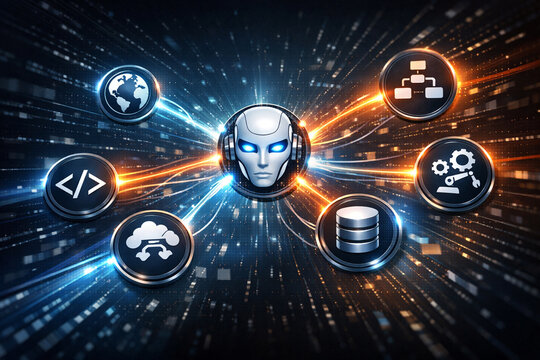 Glowing AI agent hub connected to icons for code, data, automation, web, writing. illustrating artificial intelligence, machine learning workflows. technology-driven automation in futuristic interface