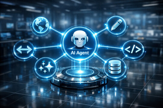 Glowing AI agent hub connected to icons for code, data, automation, web, writing. illustrating artificial intelligence, machine learning workflows. technology-driven automation in futuristic interface