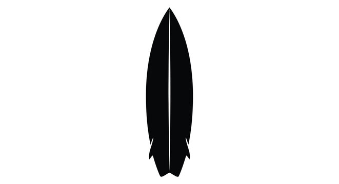 A stark black silhouette of a surfboard is presented against a clean white background