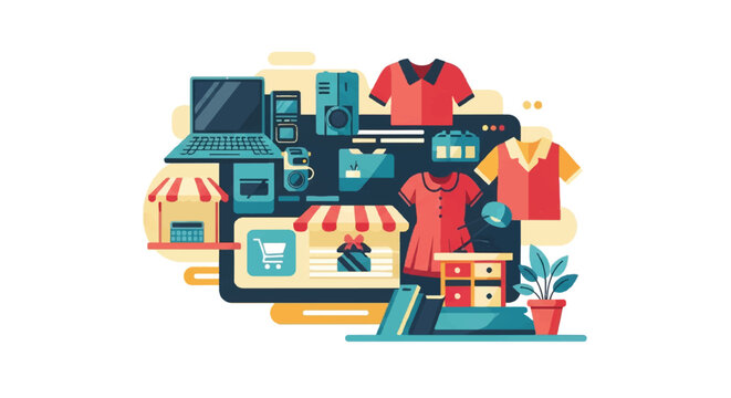 Online shopping digital illustration website with products devices