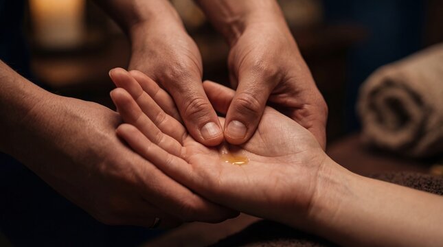 Masseuse massaging palm of woman with oil. Hand therapy and reflexology session in spa salon. Relaxation, stress relief, skin care and physical healing treatment concept for health.