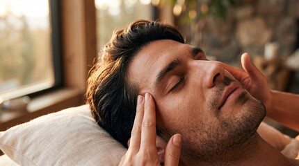 Fototapeta premium Man receiving facial head massage in spa salon. Relaxed guy resting with closed eye during professional wellness procedure. Calm lifestyle and skincare therapy. Rejuvenation treatment.
