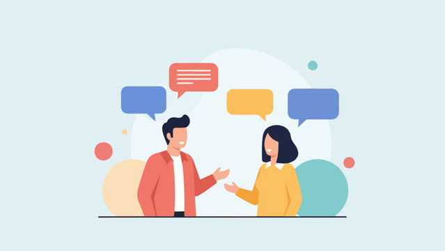 Two people conversing through speech bubbles, representing communication and discussion in a modern, minimalist style