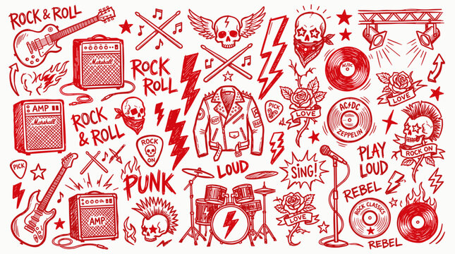 Hand drawn rock and roll music elements set with guitars drums skulls and vinyl records