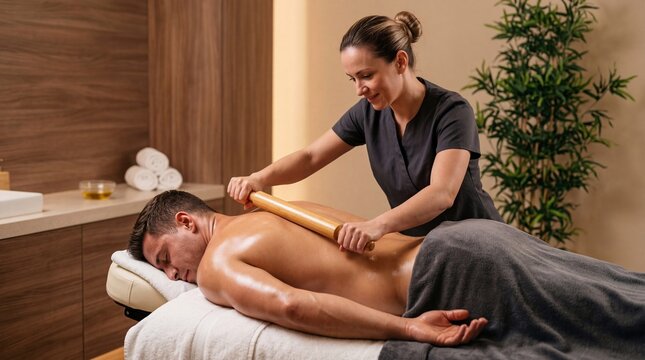 Massage therapist performing maderotherapy on man back using wooden roller. Spa treatment for body muscle relaxation, cellulitis reduction and wellness. Alternative medicine therapy session.
