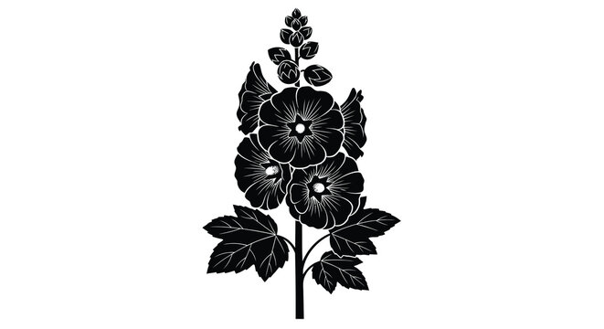 A striking black and white illustration depicts a hollyhock flower with detailed petals and leaves