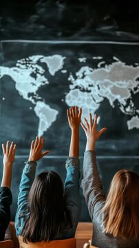 Elementary school students eagerly raising hands to respond to the teacher's question during an engaging geography lesson, with a detailed world map illustrated on the blackboard