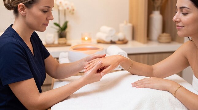 Beautician performing paraffin hand treatment on woman in beauty salon. Professional skin care procedure for moisturizing and rejuvenation. Spa wellness therapy for hand relaxation.