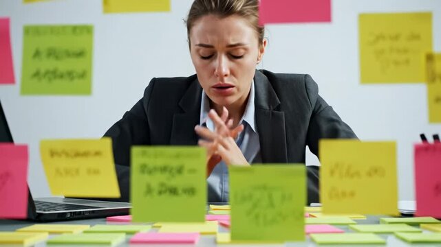 Stressed businesswoman feeling desperate and overwhelmed by a multitude of tasks and a tight deadline, finally collapsing on her desk covered in colorful sticky notes in a modern office