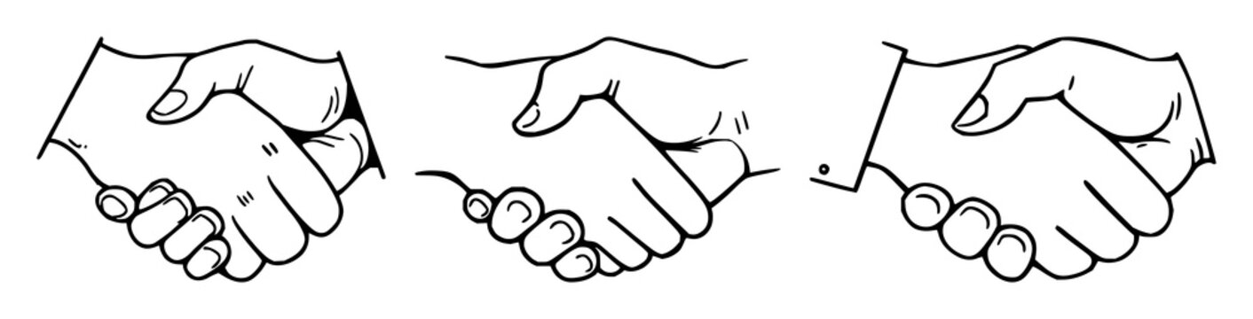 Handshake set with single line hand drawn illustration featuring handshake, agreement, introduction with banner and single line