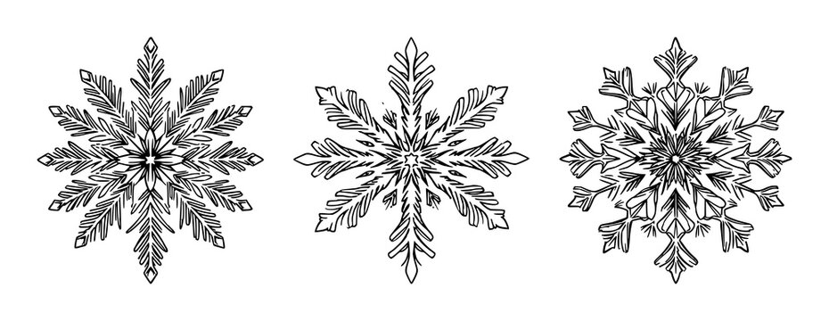 Snowflake set with fractal geometric patterns featuring high-detail crystal structure, frost with ice and winter