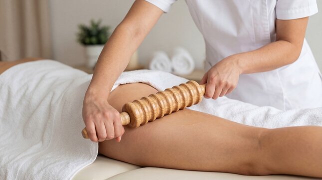 Woman massage therapist performing maderotherapy on leg of client with wooden roller. Wood therapy tool for cellulite reduction and lymphatic drainage. Professional spa body treatment.