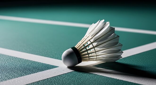 Badminton shuttlecock on green court, sports equipment concept, indoor game action, competitive training background, fitness and recreation theme