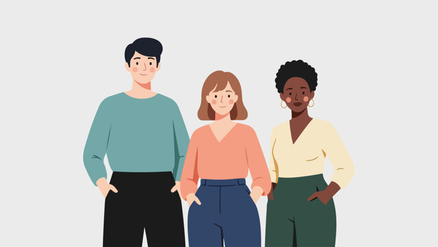 Modern flat illustration featuring a diverse group of young adults standing together, symbolizing community, inclusivity, and contemporary demographics