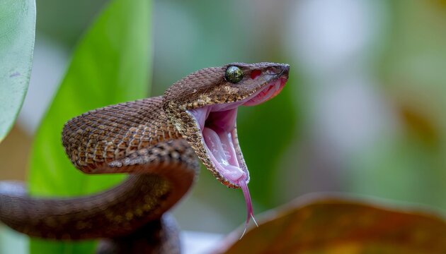 Close-up of a venomous snake with its mouth open, ready to strike.