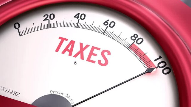 Taxes off the charts. Meter showing increasing, dangerous and high levels of taxes, potential overload. Maximum and critical taxes