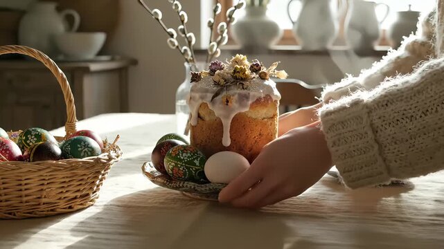 Woman in a knitted sweater gently sets a traditional Easter cake on a decorative plate next to colorful eggs and a steaming cup of tea on a rustic table in a warm kitchen atmosphere