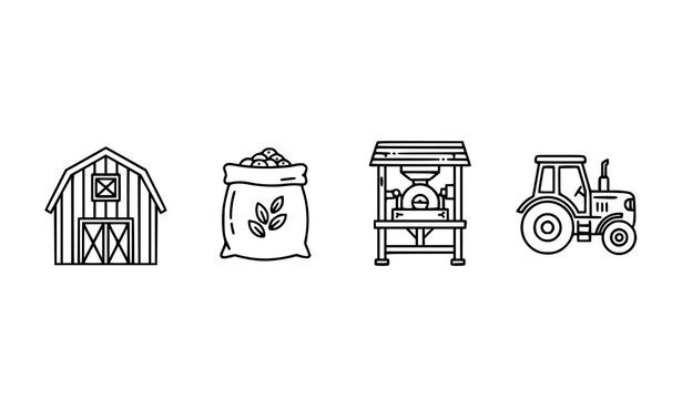 Agriculture icon set with barn seeds flour mill and tractor in modern outline style black and white vector isolated on white