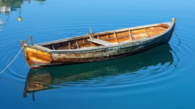 Rustic wooden rowboat anchored in tranquil blue water