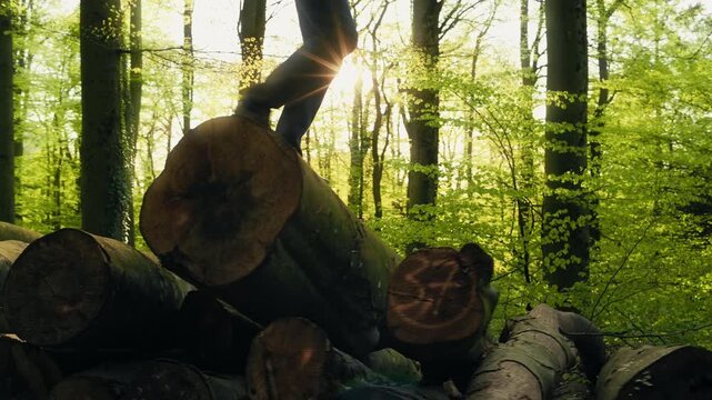 Man playfully jumping on logs in a sunny forest, with the sun in the background