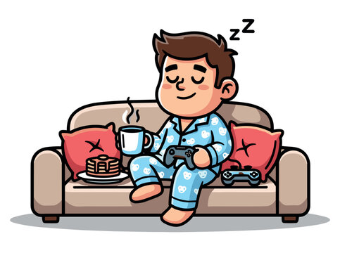 Cozy couch nap with coffee and gaming controller illustration &mdash; comfort relaxation, digital downtime and visual content for social media, branding and educational purposes in lifestyle, creative and c