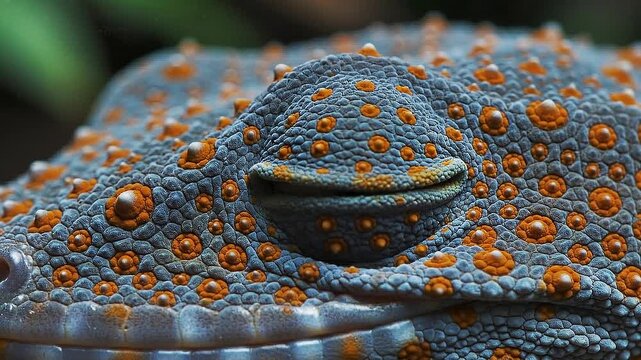 Close-up of a frog's face with orange spots on its blue skin in a natural environment