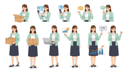 Obraz premium Woman Character Poses: Business, Technology, Delivery, and Success