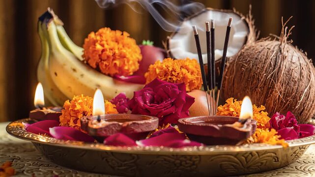 Traditional Hindu Puja Thali with Diya Lamps and Flowers for Festival