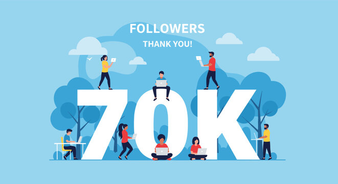 Group of diverse people working on laptops around a large 70k followers sign celebrating successful social media growth milestone.