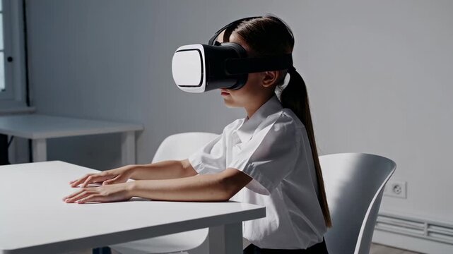 Young student wearing vr headset, engaging with interactive digital learning platform while seated at classroom desk during educational technology lesson