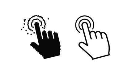 Obraz premium Set of two hand cursor icons with a double circle click effect featuring one pixelated black and one smooth line version.