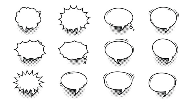 Collection of diverse comic book speech bubbles with halftone dots and various shapes for dialogue and text in graphic novels.