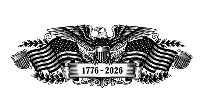 American eagle crest with crossed flags and a banner displaying the years seventeen seventy six Vector