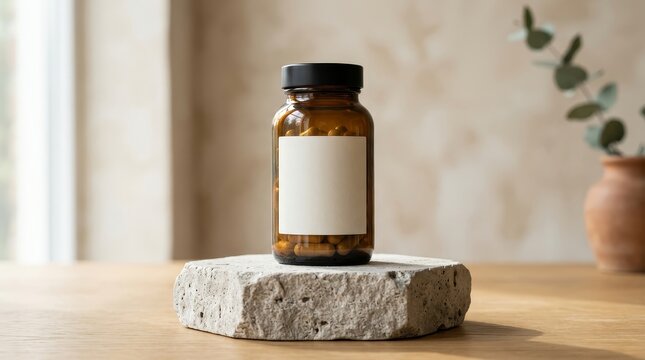 Amber capsule bottle mockup on stone podium with blank label