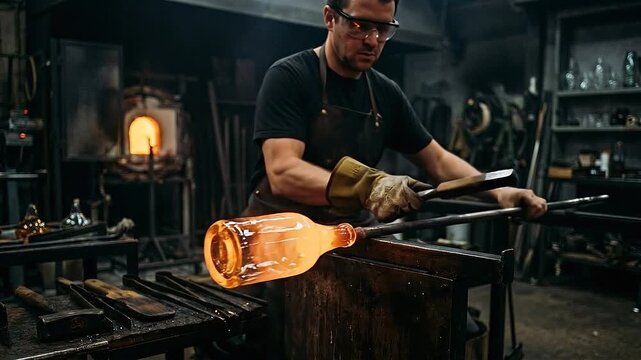 Glass bottle glassblowing artisan workshop molten furnace craftsman shaping upcycling vessel in industrial studio sparks heat tools dim studio
