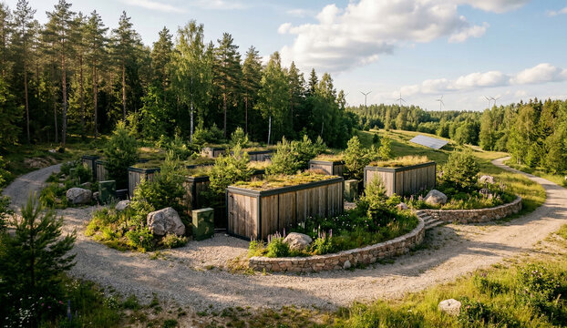 Sustainable eco friendly village of modern wooden modular houses with green roofs.