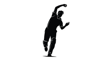 Fototapeta premium A silhouetted image captures a cricket bowler in the action of delivering a ball
