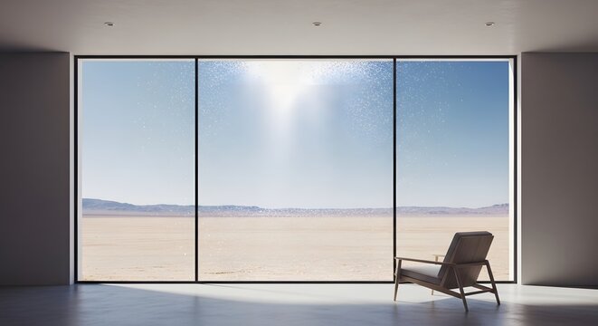 A minimalist room with a large window overlooking a vast, sunny desert landscape and a single armchair.