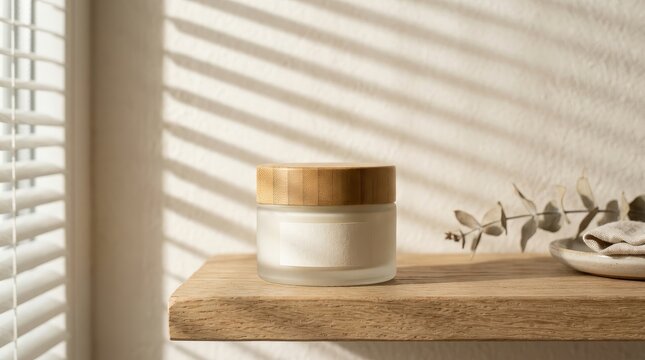 Cream jar with bamboo lid on wood shelf in sunlight