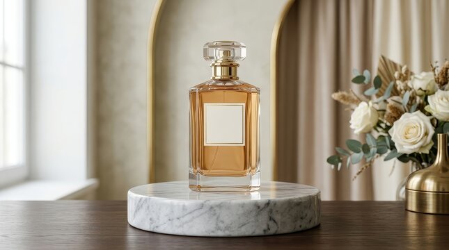 Elegant perfume bottle on marble podium in studio lighting