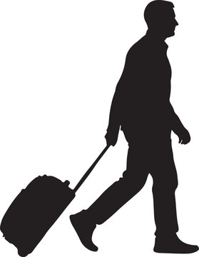 Silhouette of a traveler pulling a rolling suitcase down a path