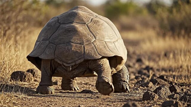 A large turtle walks slowly on a rocky terrain in a dry field.