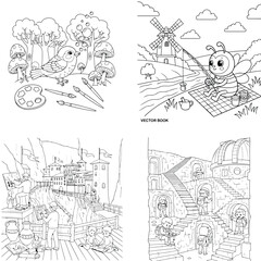 Obraz premium Scenic coloring book pages: forest, windmill, hot air balloon, city, and village, line art