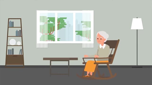 Elderly woman relaxing in rocking chair at home animation, peaceful senior lifestyle and home comfort concept
