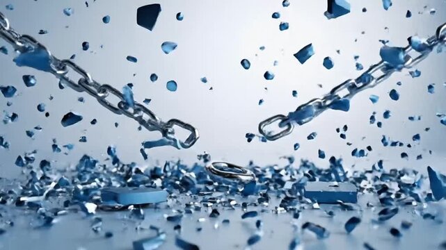 Shattered blue padlock with chains and flying fragments on a light digital background