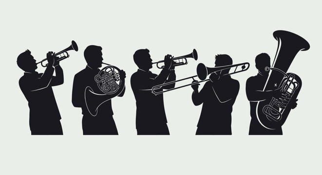 Silhouette of a brass band playing instruments.