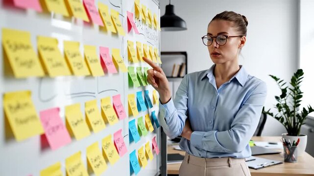Thoughtful project manager analyzing a kanban board with colorful sticky notes, organizing workflow, managing time, and developing a business strategy to meet a deadline in a modern office